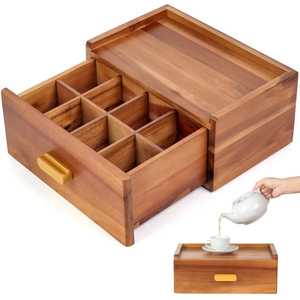 Boîte de rangement en bois avec tiroir pour dosettes de thé et de café, capacité 12L, couleur marron, organiseur de bureau avec poignées - Product Image 5