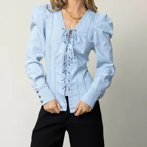 Chic Elegant Design Denim Jeans Washed Long Sleeves Puff Ruffles Shoulder Drawstring Open Front Blouse Tops for women