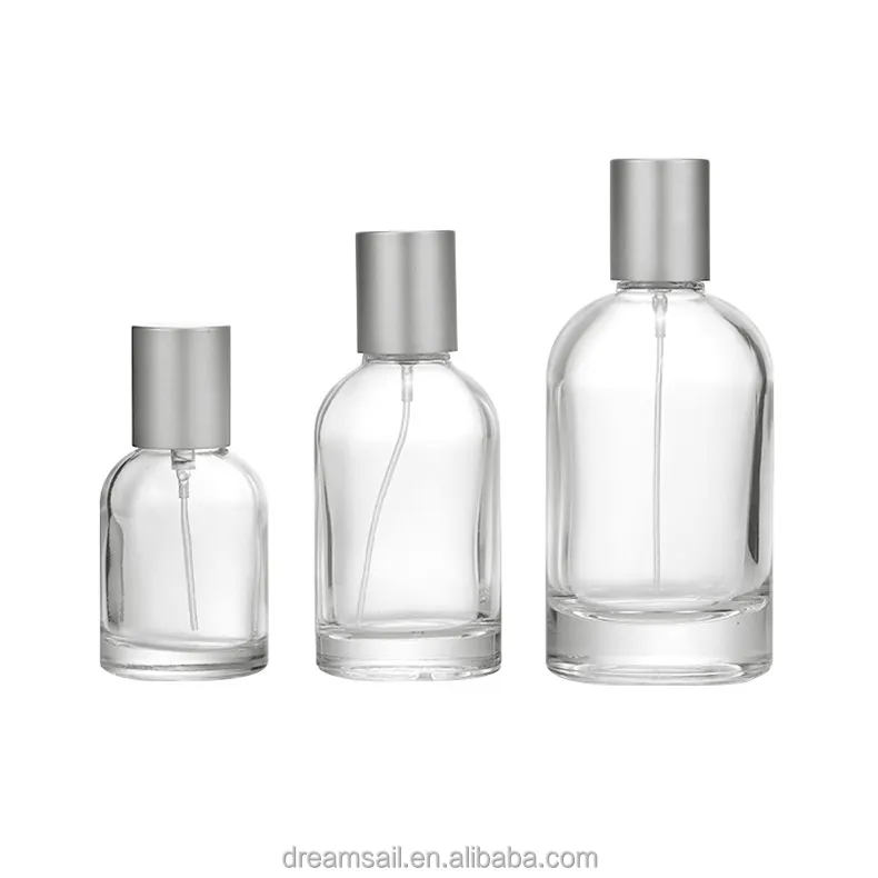 China New hot sale 30ml 50ml 100ml small luxury round bottom glass experiment perfume bottle with silver lid