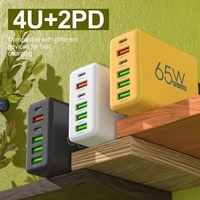 Cargador Rápido Multipuerto de 65W, Adaptador de Pared con 6 Puertos USB C PD, Enchufe para EE. UU., UE y Reino Unido, Voltaje Global, Cargador de Alta Calidad para iPhone y Samsung