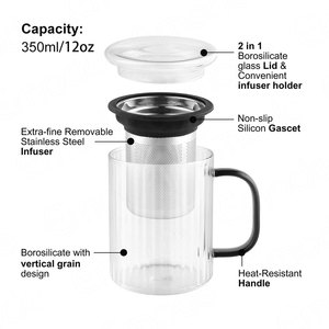 Vente en gros de tasses à thé en verre borosilicate vert personnalisées de 350 ml, infuseurs à thé en acier inoxydable, <span class=keywords><strong>tasse</strong></span> <span class=keywords><strong>avec</strong></span> couvercle, poignée colorée - Product Image 2