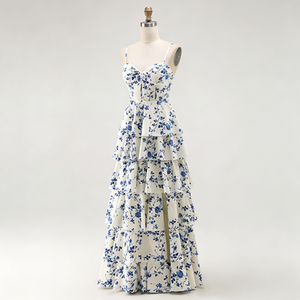 Abito da ballo <span class=keywords><strong>lungo</strong></span> a strati <span class=keywords><strong>blu</strong></span> <span class=keywords><strong>con</strong></span> fiori, <span class=keywords><strong>spacco</strong></span> e schiena scoperta in chiffon floreale <span class=keywords><strong>con</strong></span> spalline sottili per donna - OEM - Product Image 1