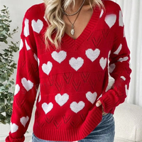 Pull en maille jacquard à motif cœur pour femme, col en V, manches longues, coupe ample, motif cœur ajouré, doux, romantique, décontracté