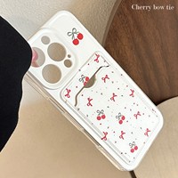 Coque de téléphone rétro avec nœud cerise et porte-cartes pour iPhone 17 Air, 16, 15, 14, 13, 12, 11 Pro Max, 16 Plus – Étui mignon et doux à motif de dessin animé