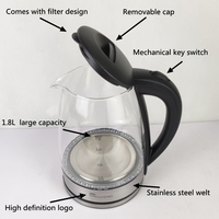 Bouilloire électrique sans fil en verre 1,8 L pour usage domestique, protection contre l'ébullition à sec, contrôle de la température, design portable