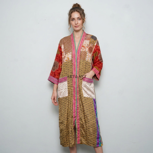 Robe patchwork pour femmes, col en V, manches trois quarts, longueur complète, vêtements décontractés, style kimono imprimé, tissu tissé doux - Product Image 1