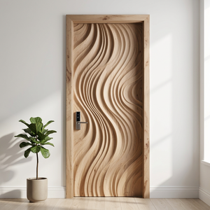 Porte intérieure en bois sculpté 3D sur mesure, design moderne en forme de vague, porte de chambre en bois massif composite pour villa - Product Image 1