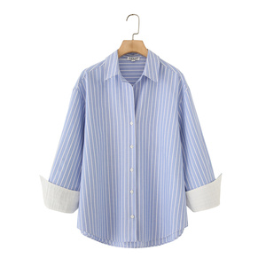 PB & ZA kadınlar 2025 bahar yeni Chic moda çizgili Oxford pamuk bluzlar Vintage uzun kollu kadın gömlek Blusas Chic Tops - Product Image 1