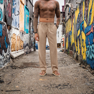 Men's <b>Linen</b> Drawstring <b>Wide</b> <b>Leg</b> Pants Casual Loose Fit <b>Trousers</b> for Yoga Travel Wear Wholesale Rate OEM Custom Design - Product Image 3