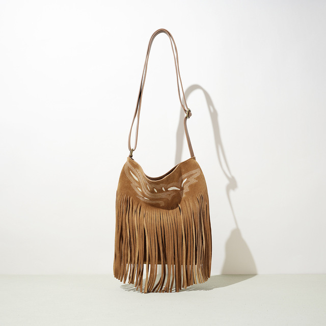 Autumn and Winter Vintage Niche Maillard Style Crossbody Bucket Bag Genuine Leather Tassel Shoulder Bag Fashionable