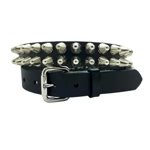 Black leather belt with double row killer spikes Leather Buckle Belt Genuine Fashion Vintage Rivet Belts