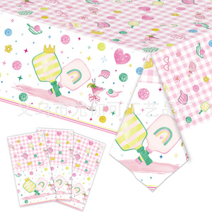 Pickleball Themed Party Supplies Kit <b>Paper</b> Plates <b>Tablecloths</b> Napkins Cutlery Set Pink White Cartoon Disposable For Team - Product Image 5