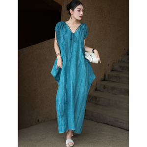 Vestido de Verano para Mujer, Estilo Vacacional, Cuello en V, Manga Corta, Elegante, Holgado, Largo, Mezcla de Lino y Poliéster, Estilo Swing, Casual - Product Image 4