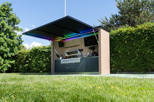 Table d'extérieur îlot avec plateau en pierre de quartz, 2-3m de long, armoire étanche intégrée, barbecue intégré pour fêtes en patio, motif chêne - Product Image 5