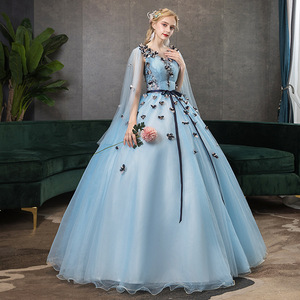 Evening Gown Ball Gown <b>Light</b> Blue Chiffon V <b>Neck</b> Empire Waist Floral Print Long Dress For Women Performance Stage Wear - Product Image 2