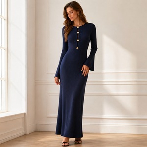 Women Elegant Navy Blue Knitted Midi <b>Dress</b> Puff Sleeve Henley Neck Button Slim Sheath Floral Casual Summer Digital <b>Dress</b> - Product Image 4