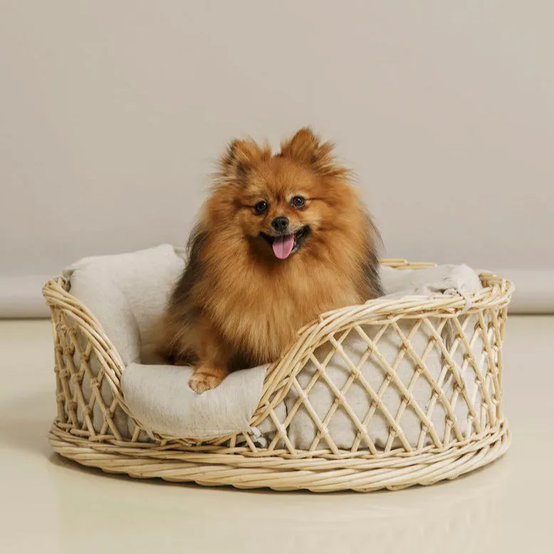 Vente en gros, canapé coussin surélevé en bois, lit naturel pour animaux de compagnie, panier en rotin tissé pour chien