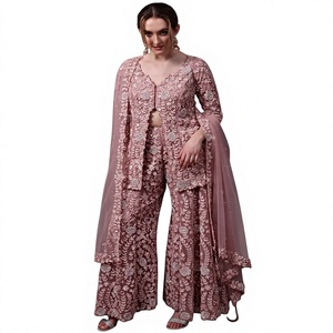 Ensemble Sharara rose en faux georgette avec broderie florale, manches longues, élégant, tenue de soirée longue, combinaison de mariage pour femme - Product Image 1