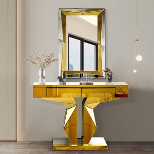 Consolle di Lusso Guanlong con <span class=keywords><strong>Specchio</strong></span> Dorato, Tavolo da <span class=keywords><strong>Ingresso</strong></span> in Vetro Lucido e <span class=keywords><strong>Specchio</strong></span> Decorativo da Parete per Soggiorno - Product Image 1