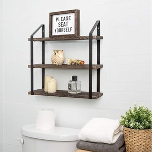 Wall Mounted Wooden Storage Rack Iron <b>Wood</b> Combination <b>Rustic</b> Design Black Brown Living Room Display <b>Shelf</b> - Product Image 2