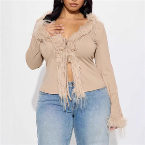 Nuovo Cardigan Primaverile con Bordo in Pelliccia, Sottile, da <span class=keywords><strong>Donna</strong></span>, con Scollo a V e Lacci, Manica Lunga, Tinta Unita - Product Image 2