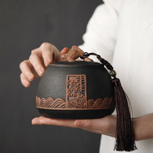 Boîte à thé ronde en céramique mate avec motif vague de <span class=keywords><strong>poisson</strong></span> en relief et ornement à pompon, pot de rangement hermétique porte-bonheur - Product Image 2