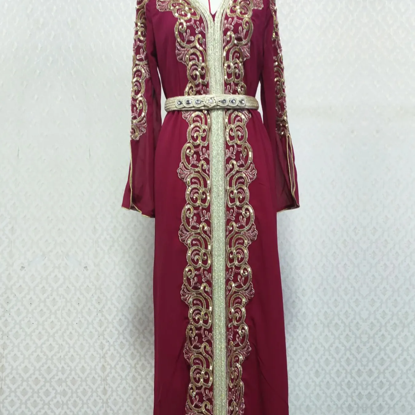 2024刺繍入り中東ローブドレスゴールドカラードバイフローラルフロントカフタンドレスアラブ女性イスラム教徒のドレス