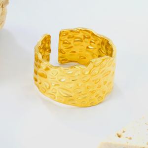18K Gold Plated Stainless Steel Waterproof Non Faded <b>Adjustable</b> <b>Ring</b> Exaggerated Concave Bold Wide Irregular Hammered <b>Rings</b> - Product Image 3