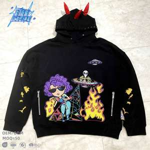 Tùy Chỉnh Ma Quỷ Sừng Hoodie Đinh Tán Thiết Kế Brim Chống Nhăn 100% Bông Lông Cừu <span class=keywords><strong>M</strong></span>àn Hình In Tùy Chọn Tùy Chỉnh Nặng Thời Trang <span class=keywords><strong>D</strong></span>ạo Phố - Product Image 2