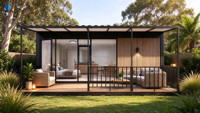 Maison préfabriquée en conteneur, maisonnette indépendante, maison modulaire moderne avec terrasse pour maison d'hôtes dans la cour, marché australien