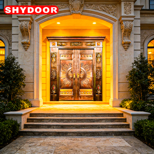 Porte de sécurité de luxe en cuivre avec cœur en acier inoxydable, double porte d'entrée principale pour villa, porte extérieure personnalisée en <span class=keywords><strong>acajou</strong></span> pour manoir - Product Image 6