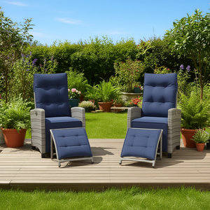 Chaises de patio inclinables en polyrotin gris avec repose-pieds, ensemble de meubles d'extérieur, chaise de jardin contemporaine - Product Image 2