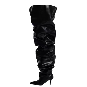Top Wide Fit Over the Knee Booties Women Pleated Stiletto High Thin Heels Loose Baggy Shoes Sexy Pointy Toe Long <b>Boots</b> - Product Image 3