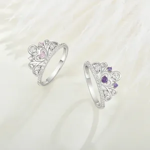 Exquisita joyería popular para mujer, anillo de corona de princesa con corazón de diamantes de imitación de Plata de Ley 925