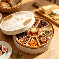 Boîte Cadeau Alimentaire Écologique Personnalisée en Satin Doré avec Insert Botanique Divisé pour Noix, Fruits Secs, Miel, Chocolat, Snacks et Spécialités Gaufrées