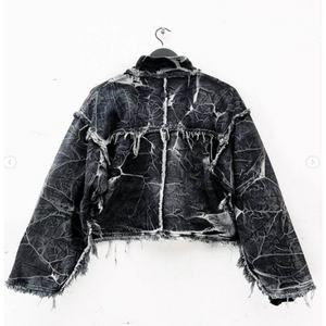 Heavyweight Custom Vintage Distressed Acid Wash Cargo Pocket Black Oversized Cropped <b>Fringe</b> Flare Sleeve Jean <b>Denim</b> <b>Jacket</b> - Product Image 5