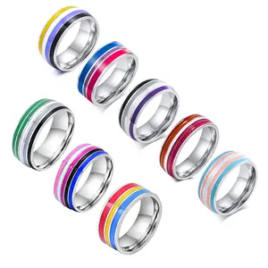 Pabrik kustom grosir titanium baja cincin pelangi 8mm bendera perhiasan cincin grosir warna pelangi PR-033