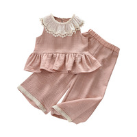 Nouvel ensemble deux pièces rose doux pour bébé fille, style coréen, été 2026 : chemise sans manches en dentelle et pantalon