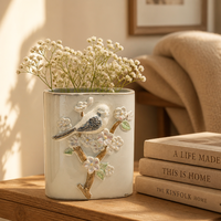 Vase en céramique ovale décoratif style pastoral, motif oiseaux et fleurs en relief 3D, pot de fleurs vintage en porcelaine blanc crème ARM LVG