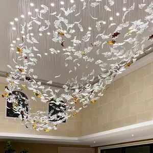 Ginkgo kaca kristal desain daun langit-langit gantung dekorasi besar lorong hotel restoran proyek pencahayaan