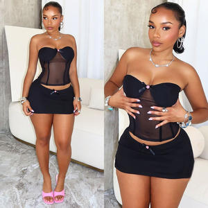 Ensemble <span class=keywords><strong>jupe</strong></span> courte deux pièces tendance pour <span class=keywords><strong>femme</strong></span>, combinaison-pantalon à bustier - Product Image 1