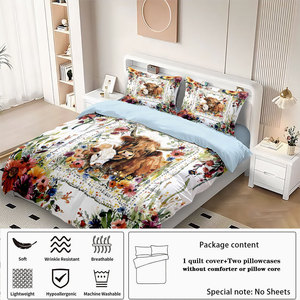 Parure <span class=keywords><strong>de</strong></span> lit 3 pièces motif <span class=keywords><strong>vache</strong></span> des Highlands en aquarelle, <span class=keywords><strong>housse</strong></span> <span class=keywords><strong>de</strong></span> <span class=keywords><strong>couette</strong></span> florale style ferme avec taies d'oreiller, linge <span class=keywords><strong>de</strong></span> chambre élégant - Product Image 3
