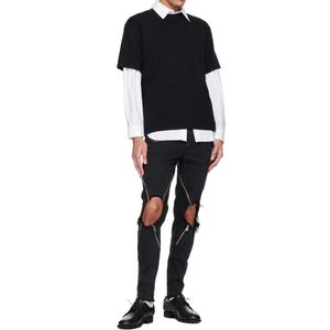 Custom <b>Black</b> <b>Stretch</b> Denim Jeans Zip Vents Frayed Cut Out Knees Holes Charcoal Jean <b>Trousers</b> for Men Slim Fit Jeans - Product Image 4