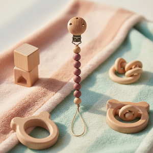 Porta Chupetes de Madera Personalizado con Logotipo, Libre de BPA, con Cadena Anticaída, Diseño Grabado con Láser, Marca COMPASS, Origen Zhejiang - Product Image 1