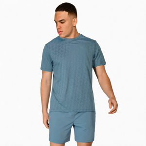 T-shirt à manches courtes pour homme, motif géométrique bleu, coupe classique, séchage rapide, polyester tricoté, col rond, décontracté - Product Image 1