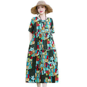 Robe d'été décontractée style jeune en coton et soie, coupe trapèze, élégante et gracieuse, pour maman, manches courtes, fine, pour la plage - Product Image 2