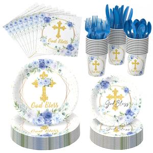 Juego de Vajilla Desechable con Tema de Hojas y Cruz en Blanco, Rosa y Azul <span class=keywords><strong>para</strong></span> Comunión, <span class=keywords><strong>Bautizo</strong></span> de Bebé, Artículos <span class=keywords><strong>para</strong></span> Fiestas - Product Image 5