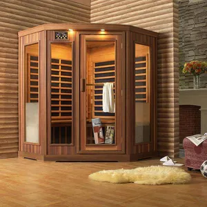 Alta Qualidade Canadense Hemlock Indoor 6 Pessoa Infravermelho Distante Sauna Sala Com 8mm Porta De Vidro Temperado