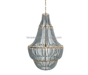 Metal Chandelier With Wood Beads, Blue and Gray for Home Hotel Decoration