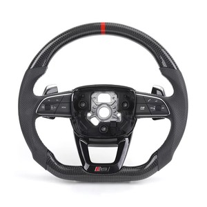 Volant personnalisé en fibre de carbone pour <span class=keywords><strong>Audi</strong></span> RS3 S3 A3 8Y, fond plat, cuir perforé avec palettes de changement de vitesse - Product Image 1